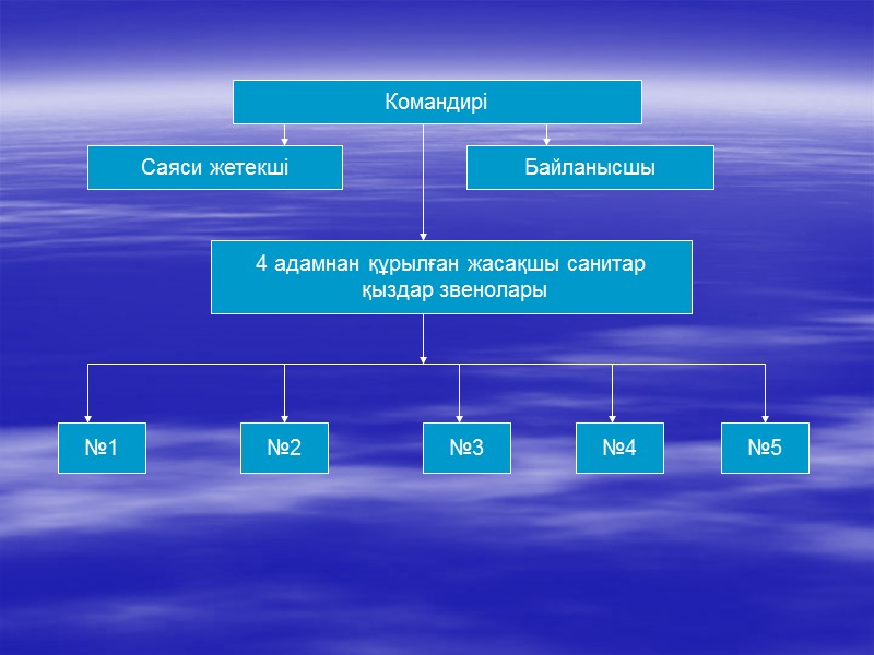 Командирі Саяси жетекші Байланысшы 4 адамнан құрылған жасақшы санитар  қыздар звенолары №4 №3